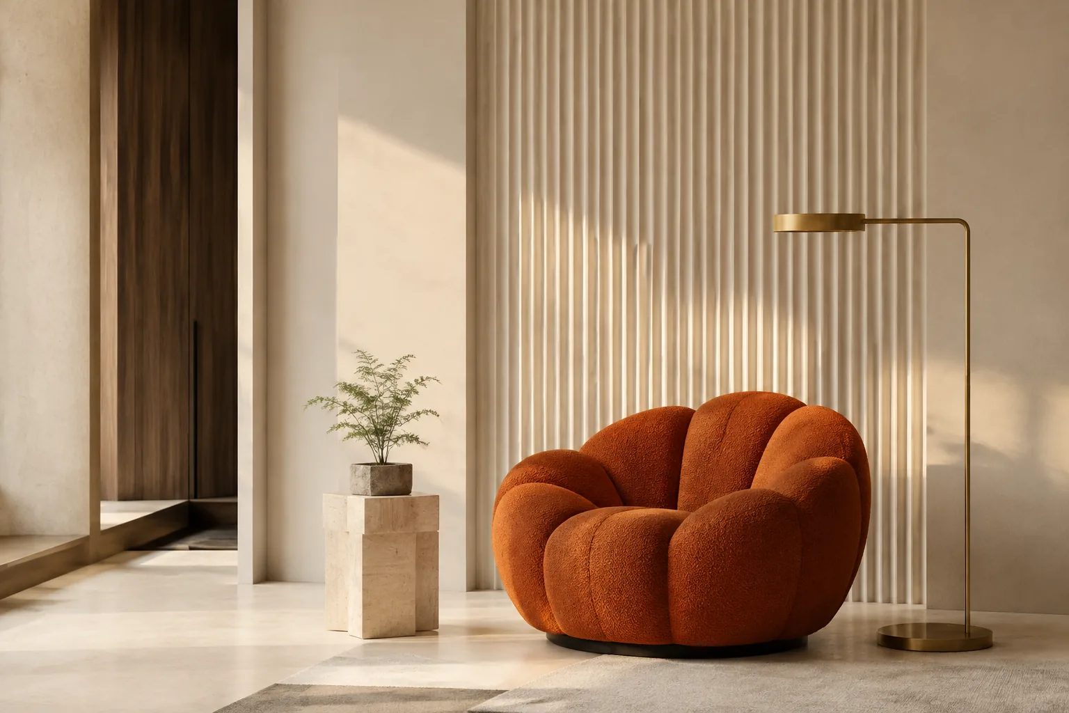 Sculptural burnt-orange lounge chair in a serene contemporary interior
