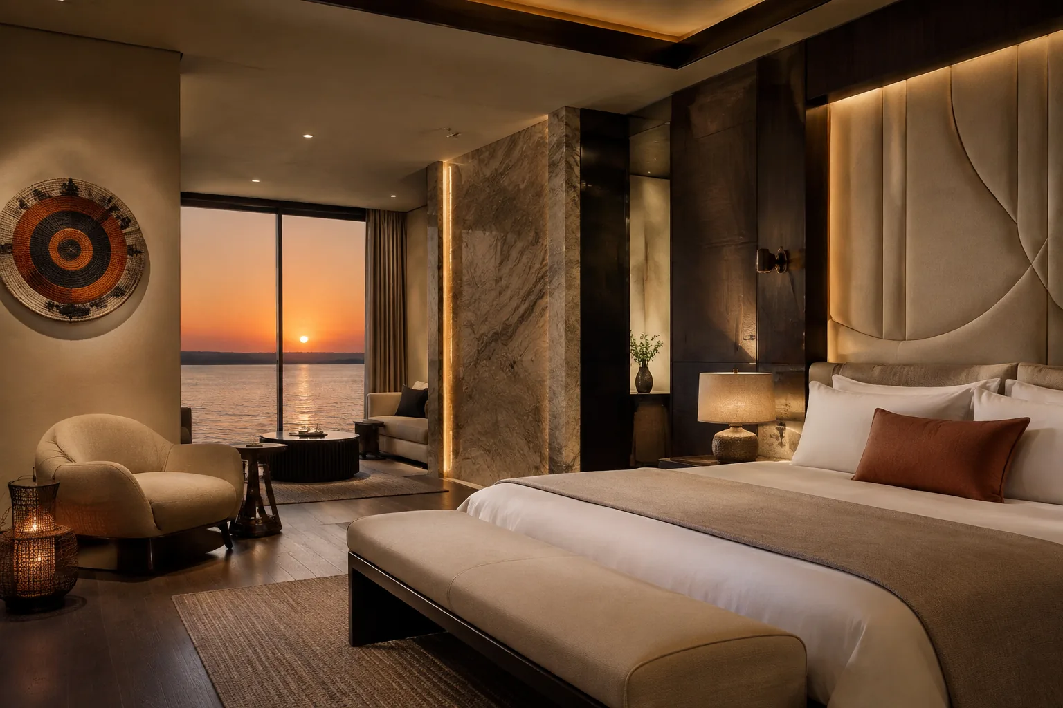 Boutique Hotel interior — A restful guest experience composed in cocoa, sand, woven craft and a restrained sunset accent.