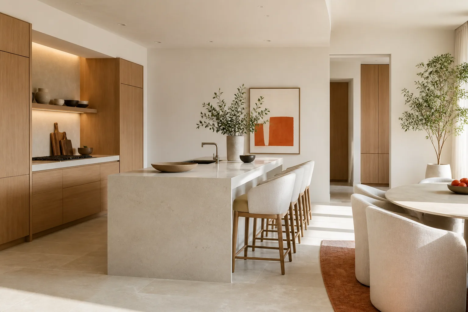 Kitchen + Dining interior — A generous stone island and warm oak joinery built for everyday rituals.