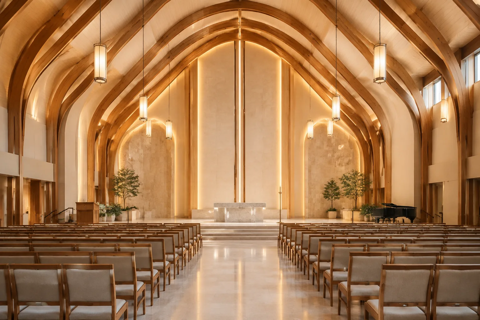 Sanctuary interior — Timber rhythms, balanced light and a clear central axis create a welcoming place to gather.